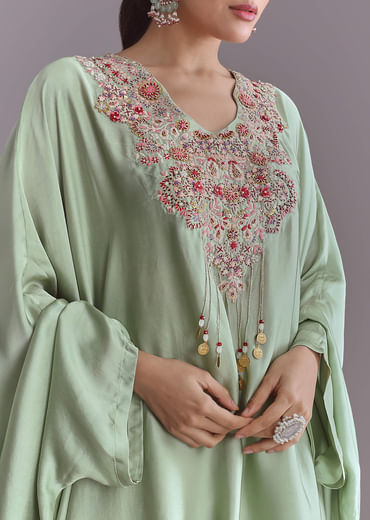 Mint Green Silk Kaftan Top And Drape Skirt Set With Resham Work