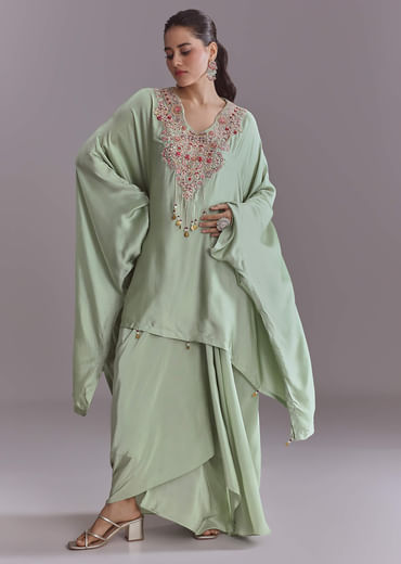 Mint Green Silk Kaftan Top And Drape Skirt Set With Resham Work