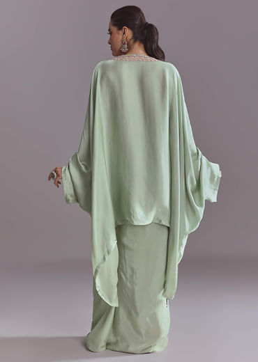 Mint Green Silk Kaftan Top And Drape Skirt Set With Resham Work