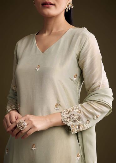 Mint Green Tissue Kurta Set With Sequins And Moti Work