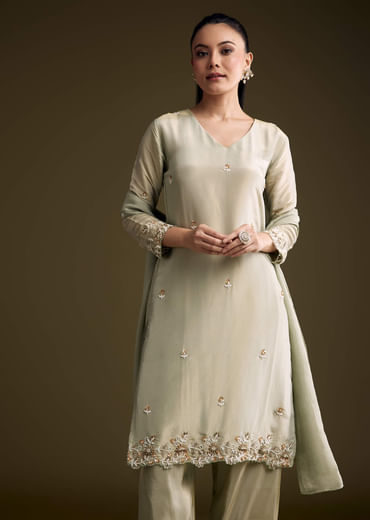 Mint Green Tissue Kurta Set With Sequins And Moti Work