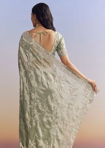 Mint Green Tissue Saree With Heavily Embroidered Finish