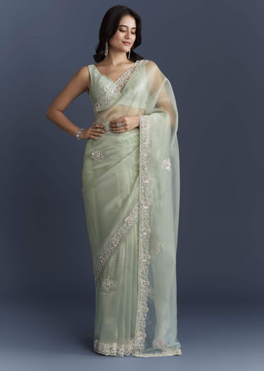 Mint Green Tissue Saree With Heavy Hand Embroidery