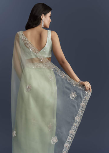 Mint Green Tissue Saree With Heavy Hand Embroidery