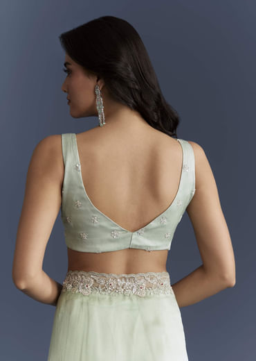 Mint Green Tissue Saree With Heavy Hand Embroidery
