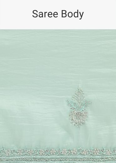 Mint Green Embroidered Satin Saree With Unstitched Blouse