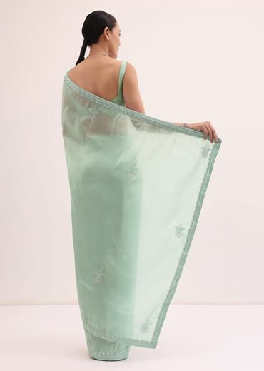 Mint Green Embroidered Satin Saree With Unstitched Blouse