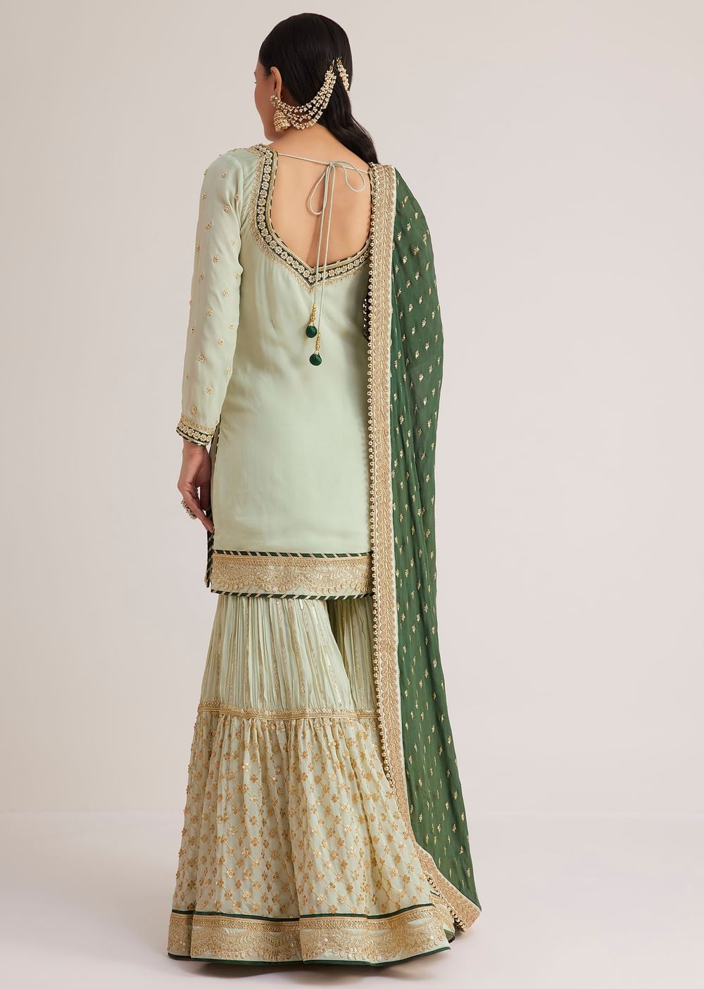 Mint Green Embroidered Sharara Set With Dark Green Dupatta
