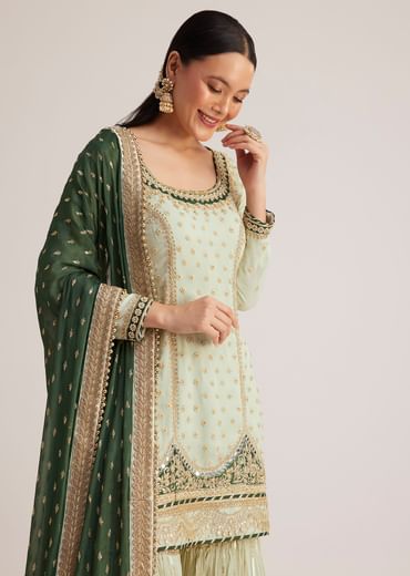 Mint Green Embroidered Sharara Set With Dark Green Dupatta