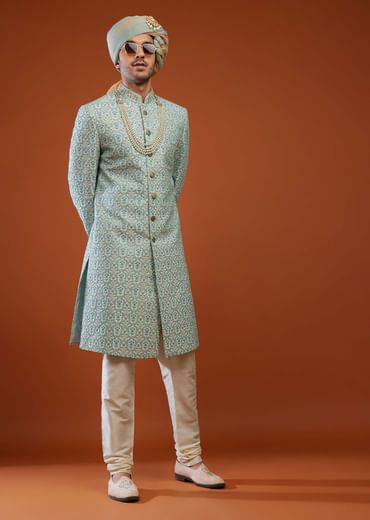 Powder Blue Embroidered Tussar Silk Sherwani Set