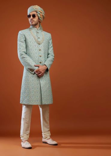 Powder Blue Embroidered Tussar Silk Sherwani Set