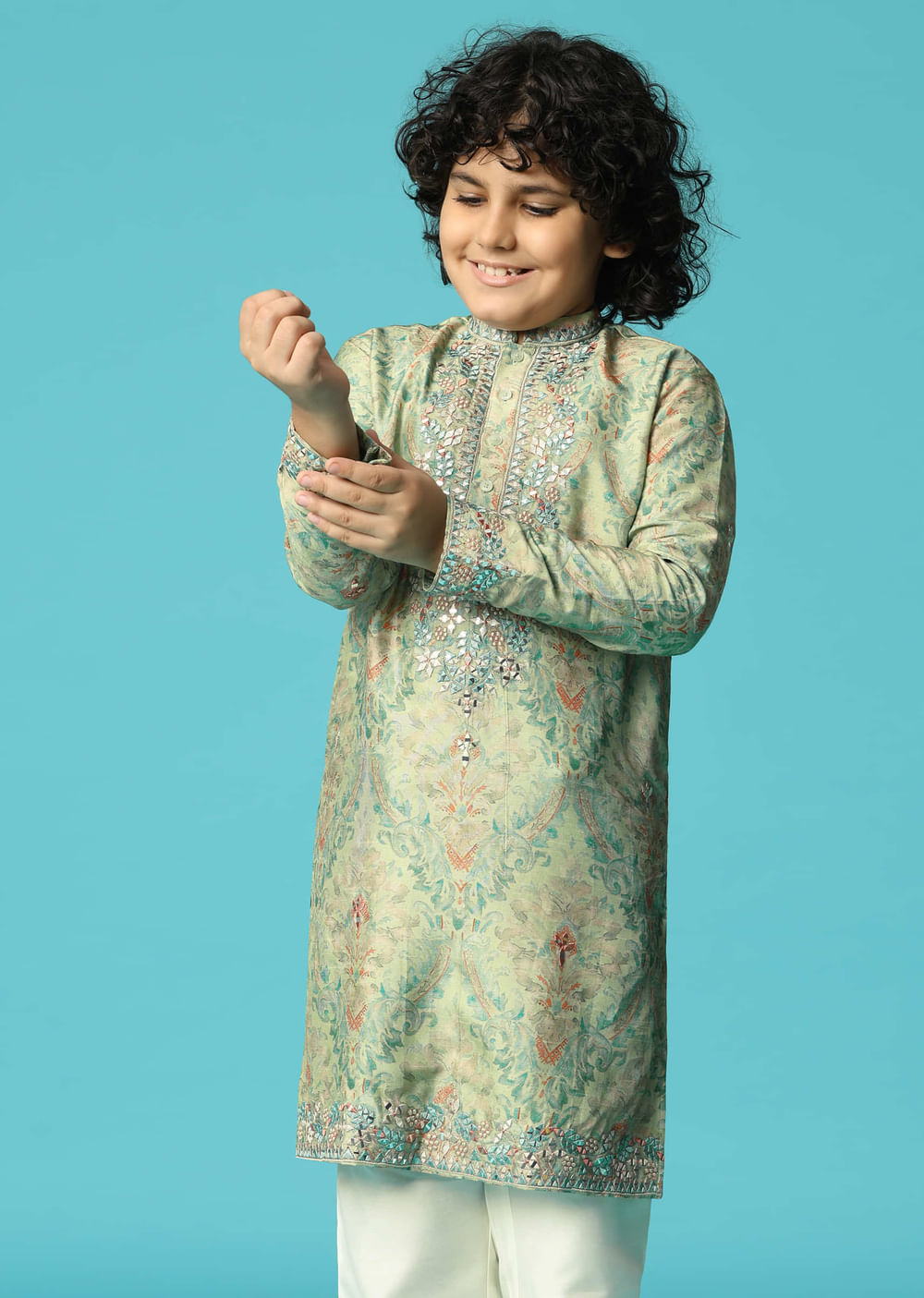 Mint Green Kurta Pant With Thread And Mirror Work For Boys