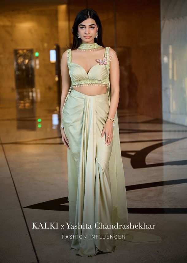 Mint Green Pleated Blouse With Draped Skirt And Choker Dupatta Mint Green Pleated Blouse With Draped Skirt And Choker Dupatta