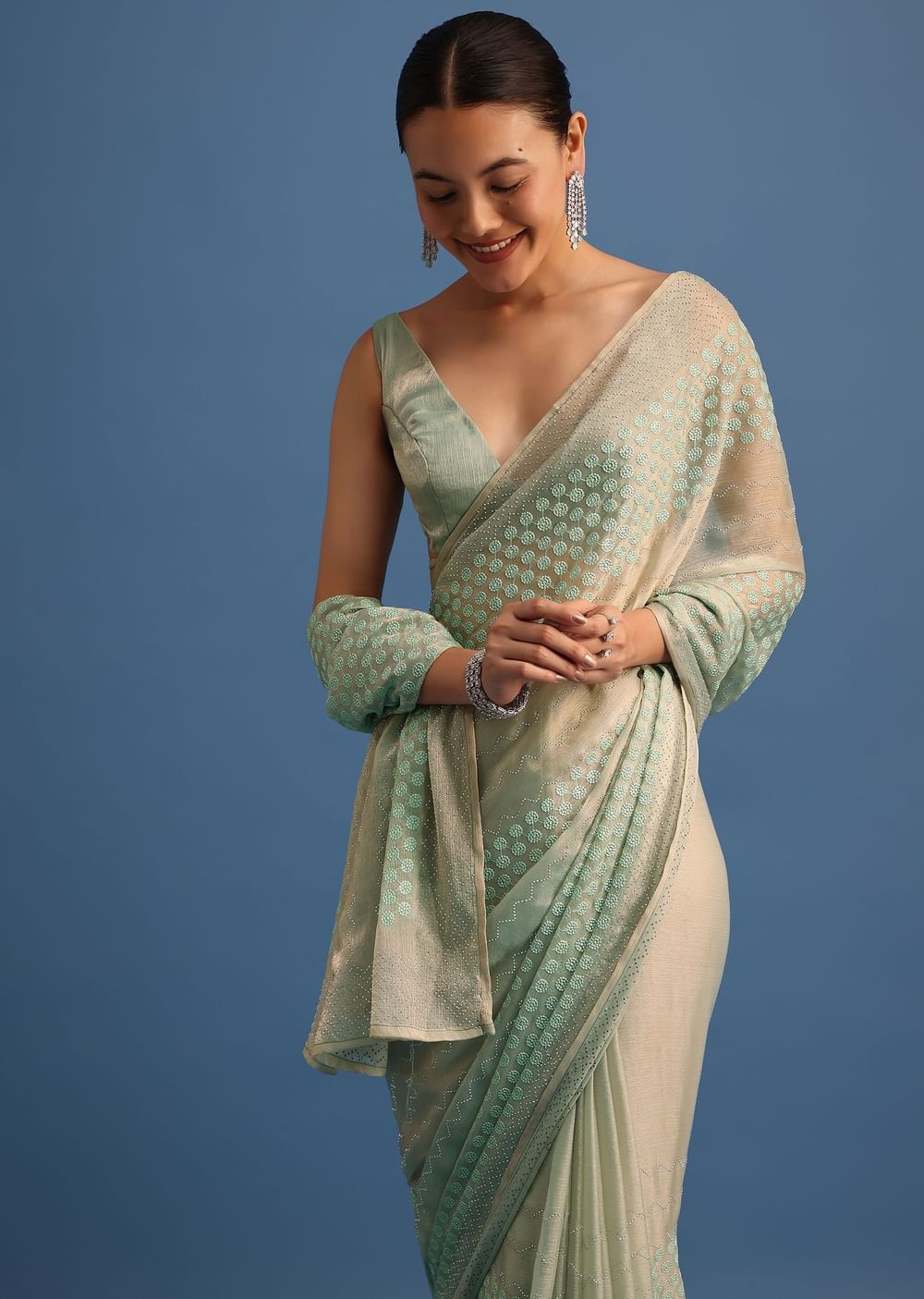 Mint Green Satin Saree With Thread And Stone Work Border With Unstitched Blouse