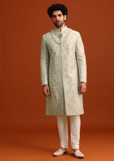 Mint Green Silk Sherwani Set With Sequin Work