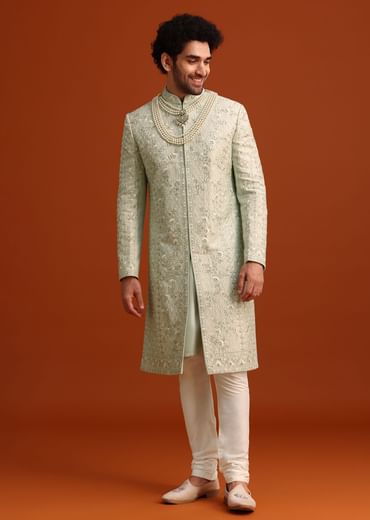 Mint Green Silk Sherwani Set With Sequin Work