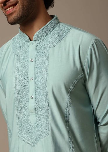 Mint Green Threadwork Silk Kurta Set For Men
