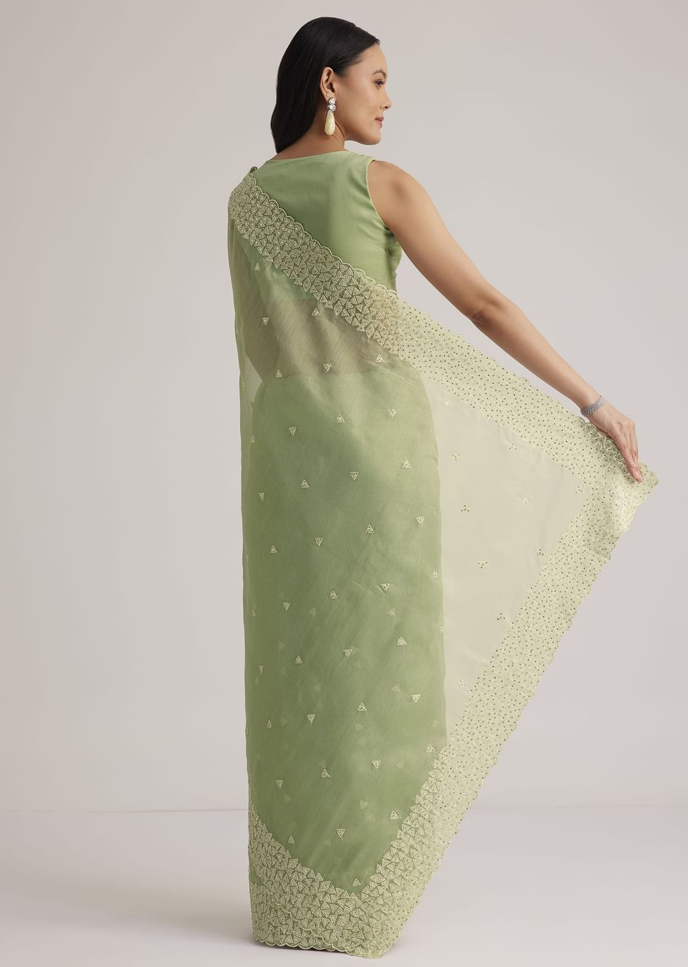 Mint Green Tissue Silk Sequins Saree With Scallop Border