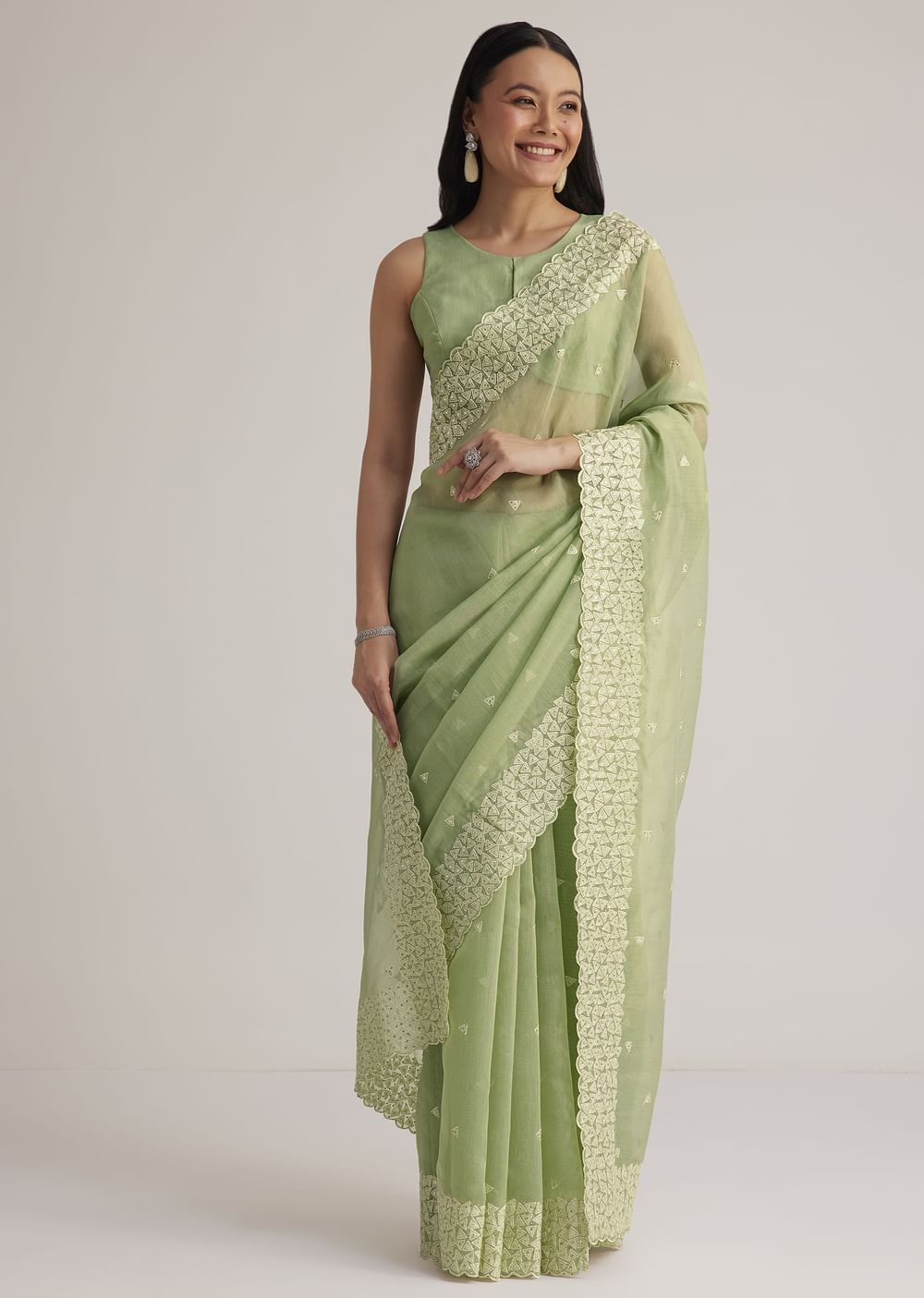 Mint Green Tissue Silk Sequins Saree With Scallop Border