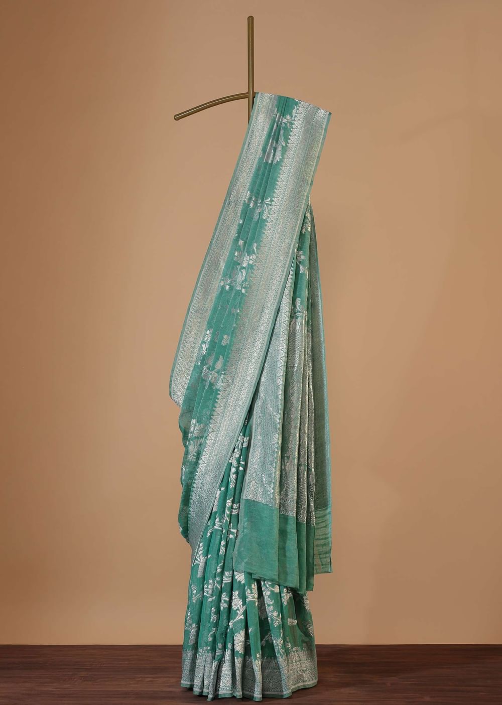 Sea Green Handloom Saree In Tissue Georgette With Zari Weave And An Unstitched Blouse
