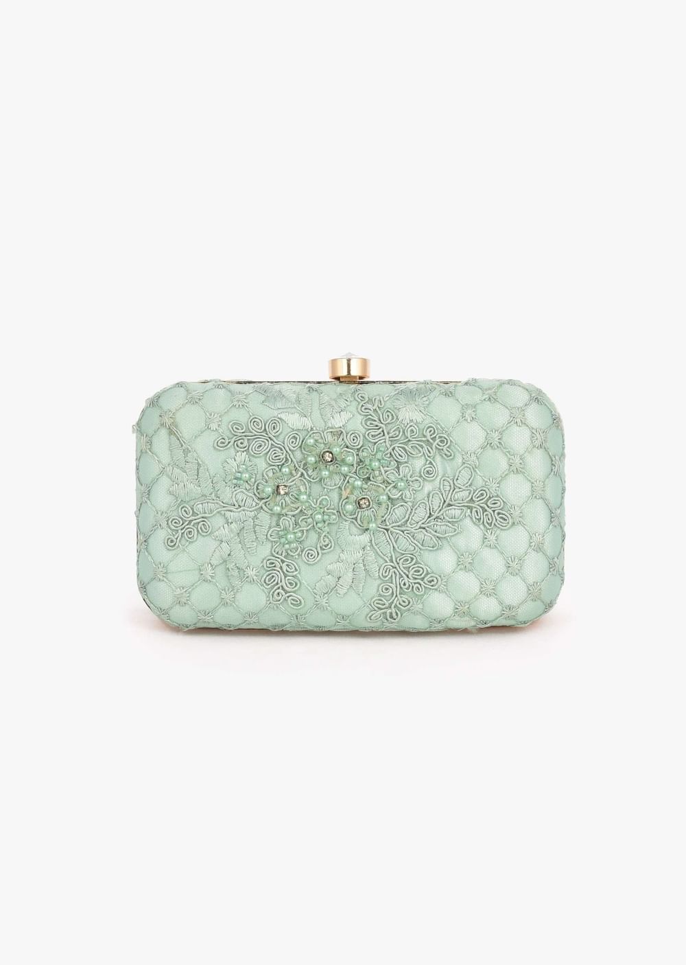 Mint Rounded Box Clutch In Embroidered Net With Cord And Moti Embroidered Mesh Design And Floral Motifs Placed In Abstract Pattern Online - Kalki Fashion