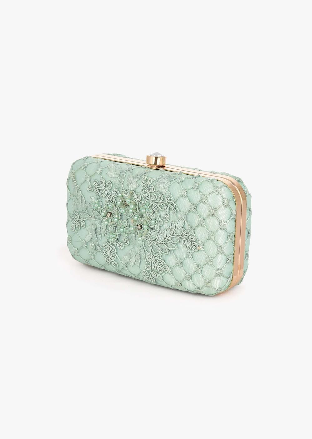 Mint Rounded Box Clutch In Embroidered Net With Cord And Moti Embroidered Mesh Design And Floral Motifs Placed In Abstract Pattern Online - Kalki Fashion