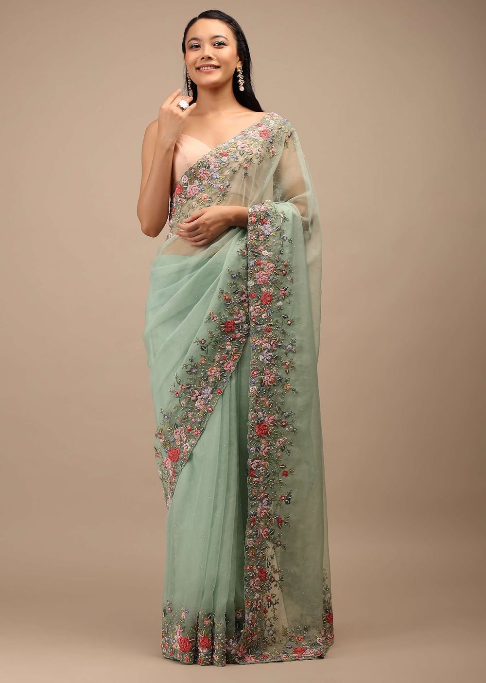 Mist Green Organza Saree In Multi-Color Resham Work Embroidery Detailing On The Border,