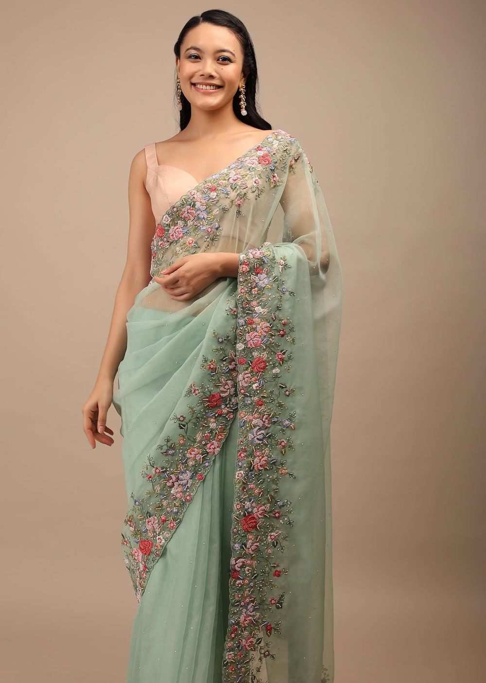 Mist Green Organza Saree In Multi-Color Resham Work Embroidery Detailing On The Border,