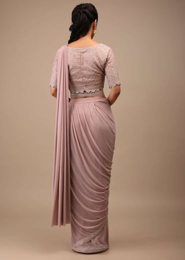 Misty Rose Pleated Saree In Lycra Blend Detailed With Embroidery Work On Pallu Border And Moroccan Jaal