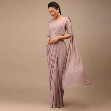 Misty Rose Pleated Saree In Lycra Blend Detailed With Embroidery Work On Pallu Border And Moroccan Jaal