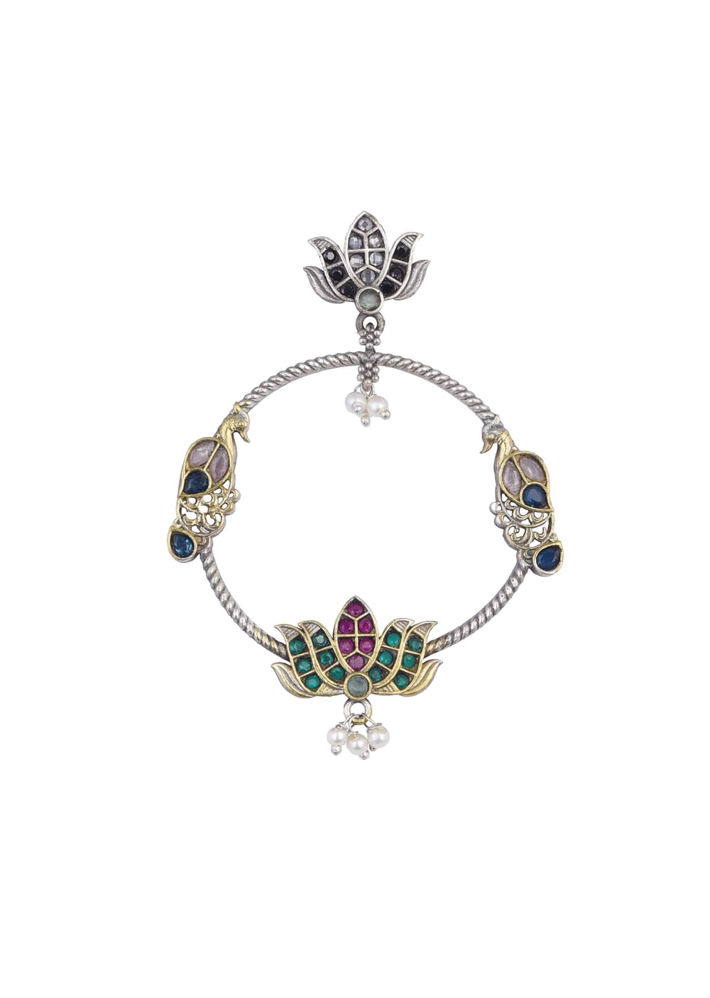 Mixed Metal Oxidised Chandbalis With Lotus Motifs