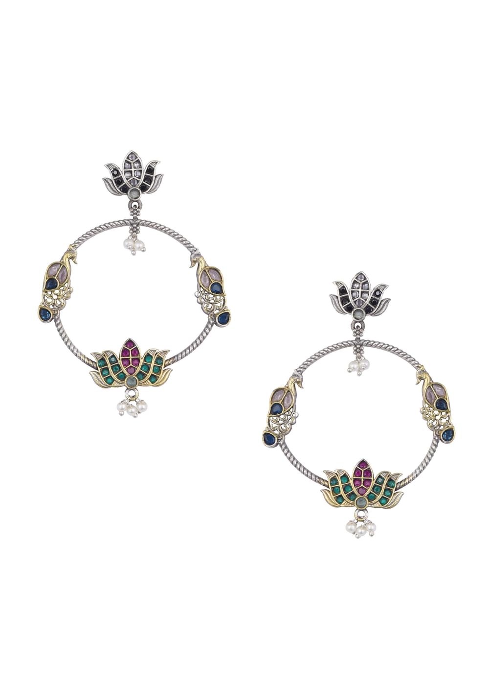 Mixed Metal Oxidised Chandbalis With Lotus Motifs