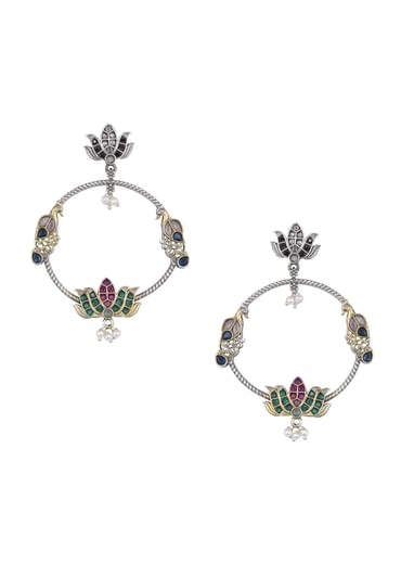 Mixed Metal Oxidised Chandbalis With Lotus Motifs
