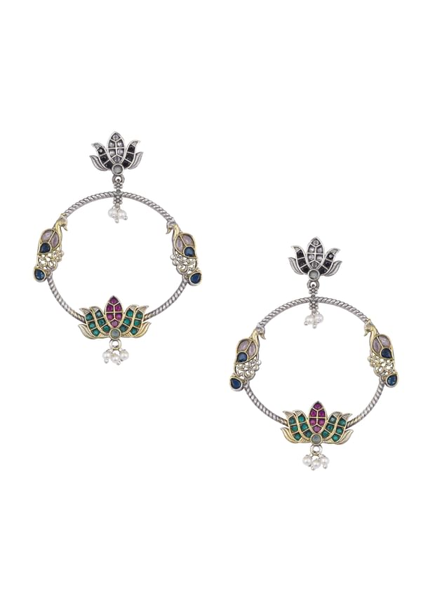 Mixed Metal Oxidised Chandbalis With Lotus Motifs
