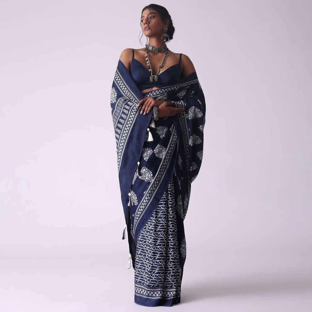 Mood Indigo Blue Batic Printed Crepe Saree
