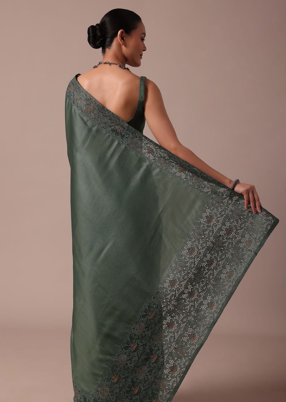Moss Green Tussar Saree With Unstitched Blouse