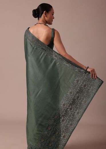 Moss Green Tussar Saree With Unstitched Blouse