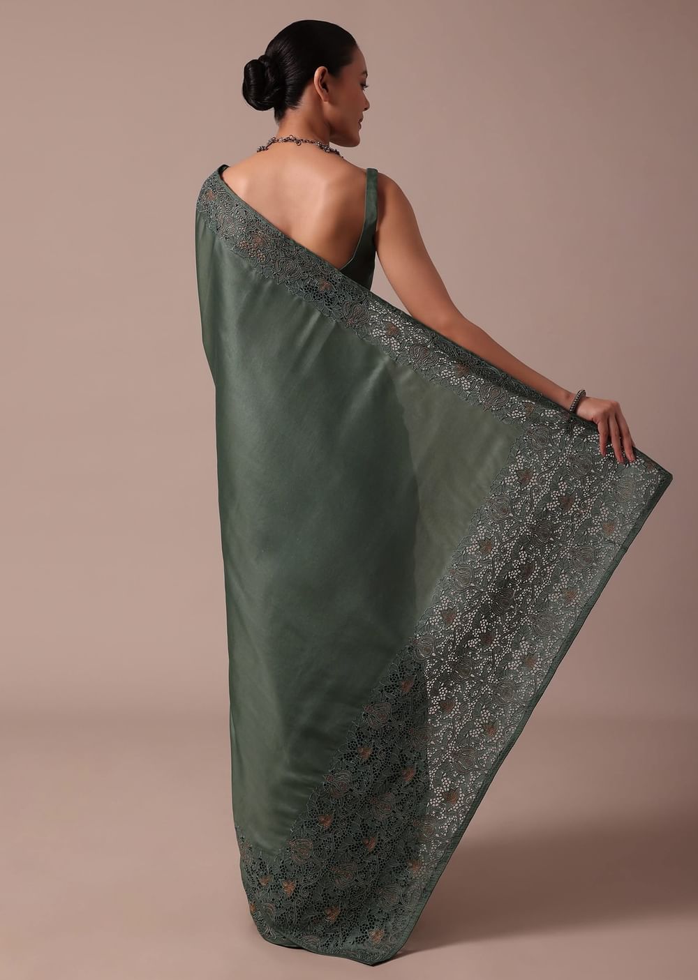 Moss Green Tussar Saree With Unstitched Blouse