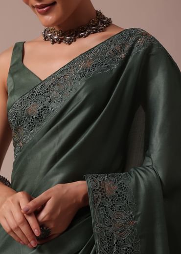 Moss Green Tussar Saree With Unstitched Blouse