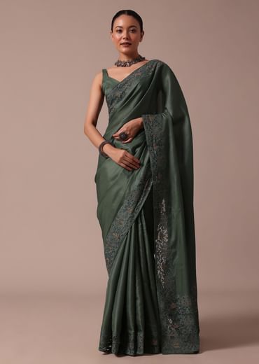 Moss Green Tussar Saree With Unstitched Blouse