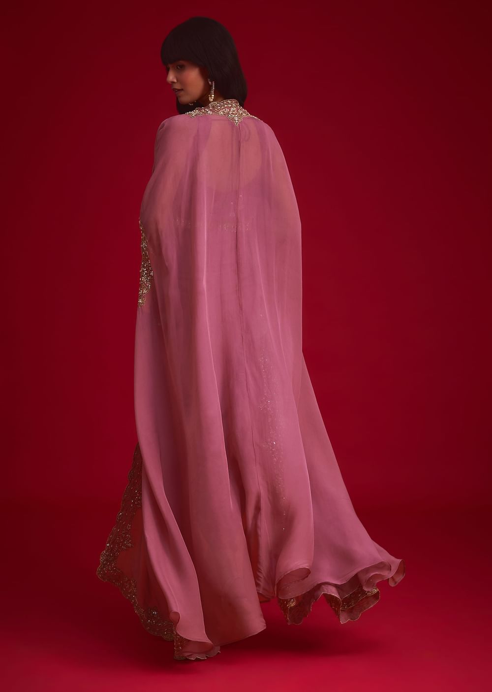 Mulberry Pink Embroidered Croptop And Draped Skirt With Organza Jacket