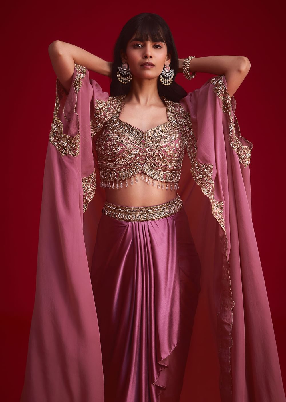 Mulberry Pink Embroidered Croptop And Draped Skirt With Organza Jacket