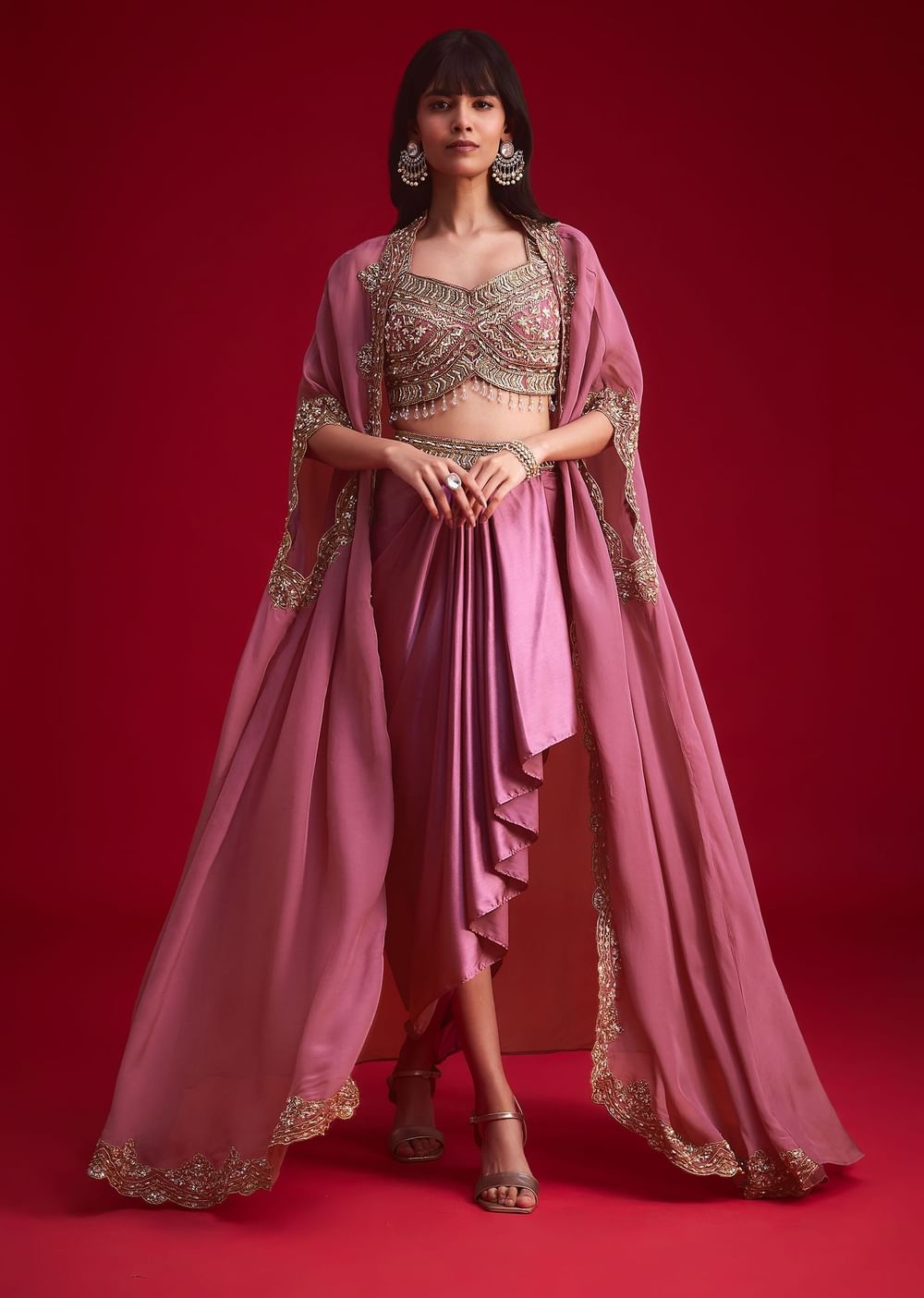 Mulberry Pink Embroidered Croptop And Draped Skirt With Organza Jacket