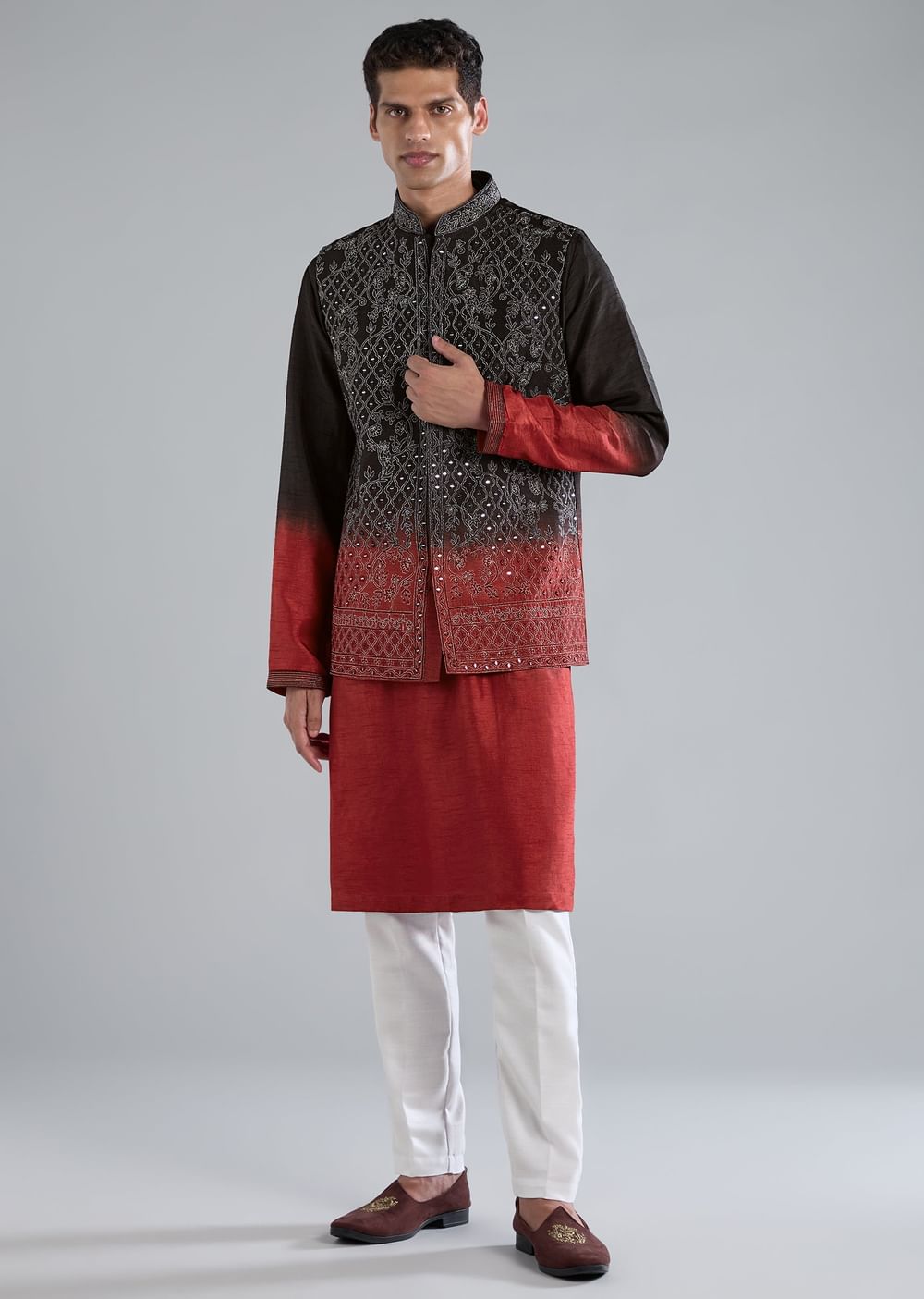 Multi Colored Black And Red Kurta Jacket Set With Zari And Mirror Work