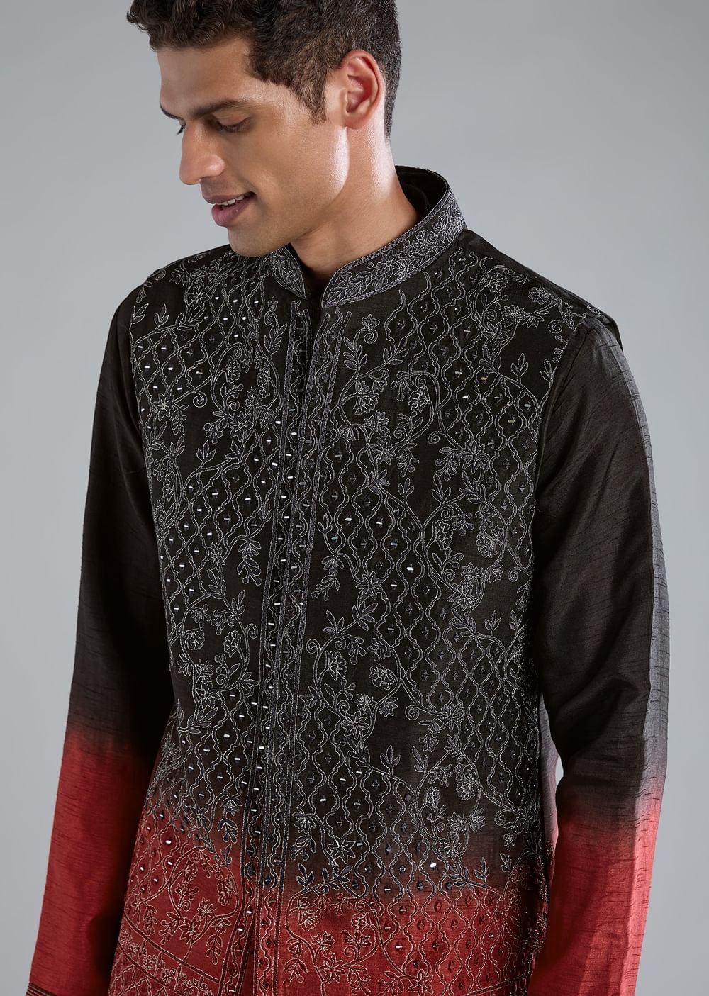 Multi Colored Black And Red Kurta Jacket Set With Zari And Mirror Work