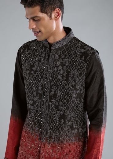 Multi Colored Black And Red Kurta Jacket Set With Zari And Mirror Work
