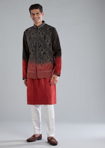 Multi Colored Black And Red Kurta Jacket Set With Zari And Mirror Work