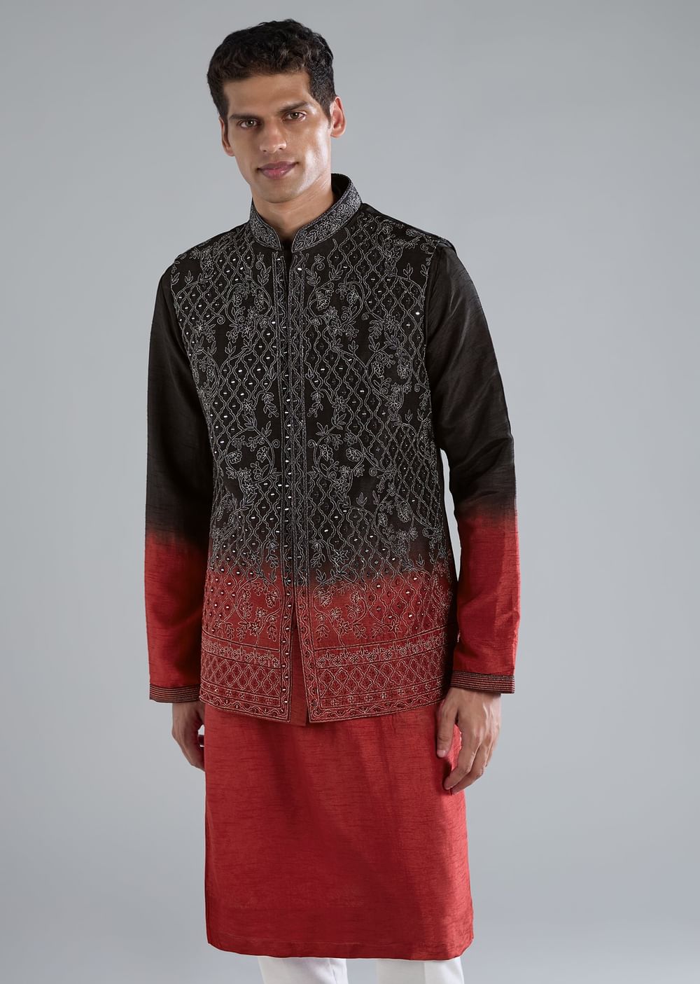Multi Colored Black And Red Kurta Jacket Set With Zari And Mirror Work