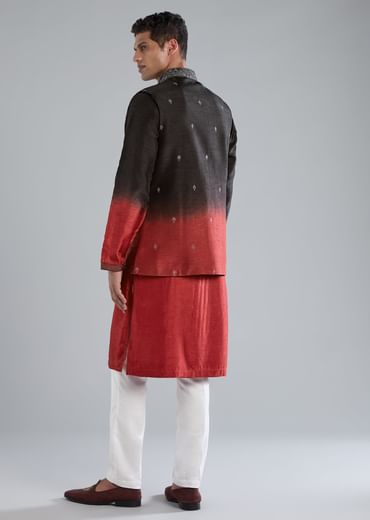 Multi Colored Black And Red Kurta Jacket Set With Zari And Mirror Work