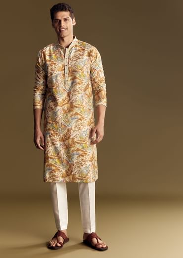 Multi Colored Linen Kurta Set With Floral And Foil Highlights